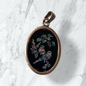 Vintage 14K Yellow Gold Oval Opal Pendant with Inlay Design